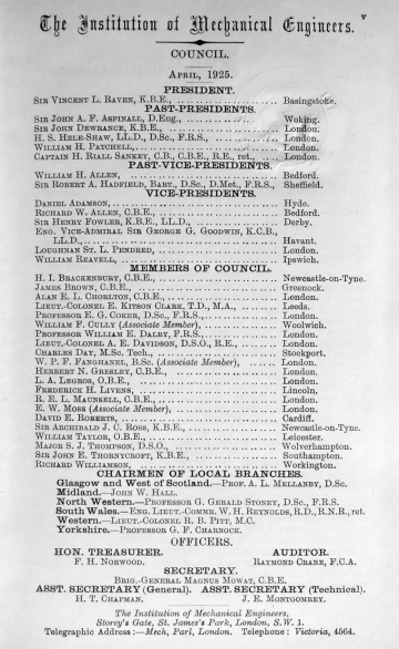 1925 Institution of Mechanical Engineers: Council - Graces Guide